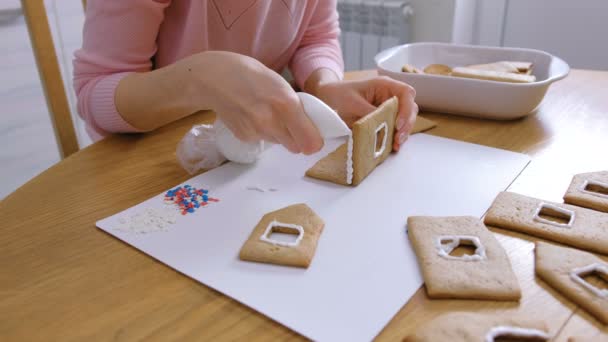 Le mani di donne fanno dettagli di colle di casa di pan di zenzero con zucchero la glassa dolce. Cottura fatto in casa casa pan di zenzero . — Video Stock