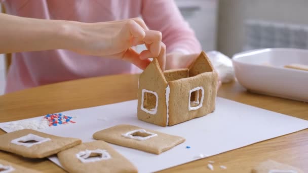 Womans hands make gingerbread house glues details with sugar sweet icing. Cooking homemade gingerbread house. — Stock Video