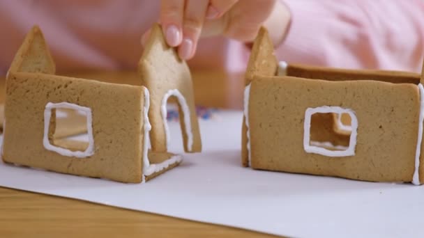 Womans ręce sprawiają, że domy Gingerbread kleje szczegóły z cukrem słodki oblodzenia. Gotowanie domowej roboty Gingerbread House. — Wideo stockowe