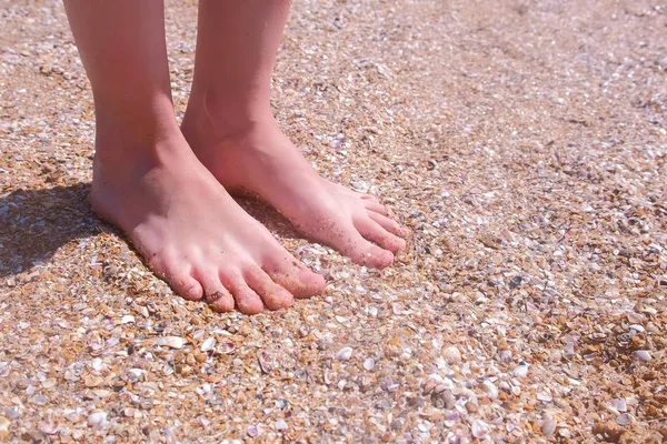 Mujer descalza masajeando sus pies en la playa de arena en conchas marinas de vacaciones . —  Fotos de Stock