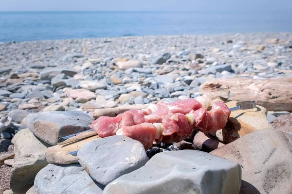 シャシュリクは、海の石のビーチの背景に熱い炭と石の手作りのキャンプファイヤーの串に調理しています. — ストック写真