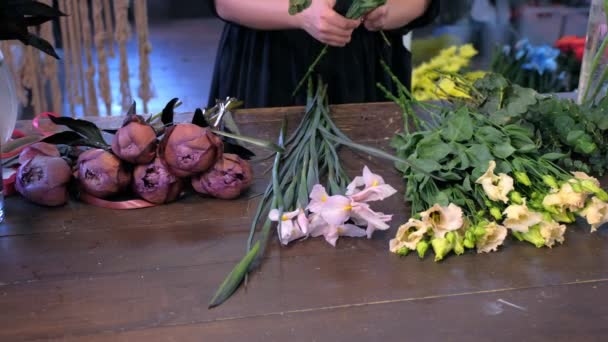 Floristická žena vyrábí kytici Eustoma, hnědého Peony a Iris v květinářství. — Stock video