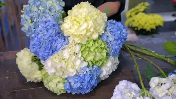 Florista mulher criando grande buquê de flores de hortênsia na loja, mãos closeup . — Vídeo de Stock