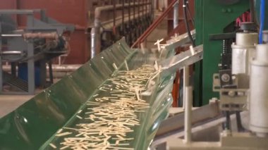 Tahta dondurma çubuklarını konveyör hattında ayıran fabrika otomatikleştirilmiş makine. Sanayi üretimi, ahşap ürünler, kereste, atölyede kereste. Ahşap üretim ekipmanları.