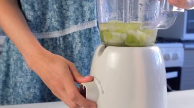 Kadının suyu limon parçalarıyla karıştırıp evdeki mutfakta karıştırıcı içinde Brezilya limonatası pişirmesi. Yemek tarifi aşçısı. Turunçgil meyveli tatlı hazırla. Ev yapımı taze içecek..