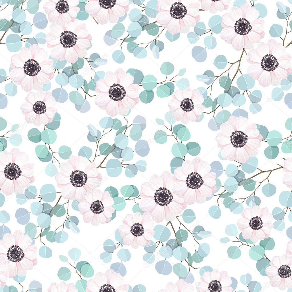 Seamless pattern with eucalyptus branches and flowers