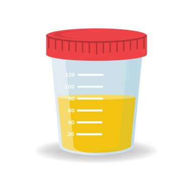 İdrar tahlili. İdrar testi ikonu. Plastik bir kutuya idrar örneği. Cam bir tüpte tıbbi örnek. Laboratuvar konteyneri. Vektör illüstrasyonu