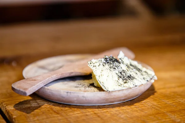 Butter Spices Herbs Lies Wooden Plate — Stock Photo, Image