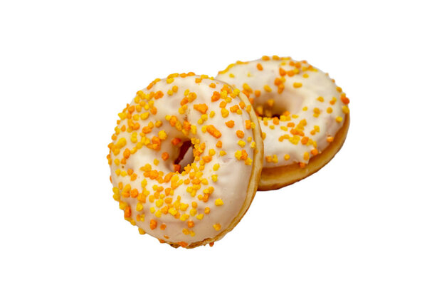 Donuts with candied orange and lemon crusts. On white background, isolated.