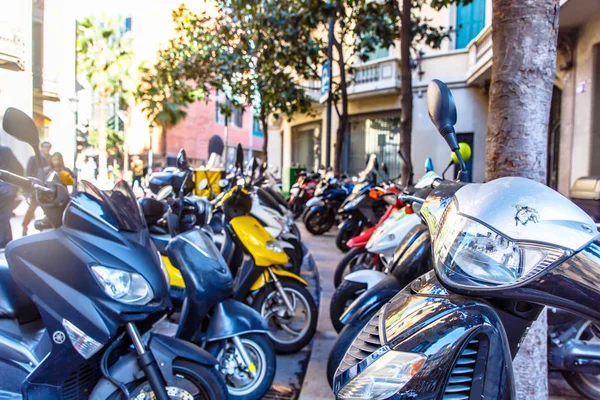 Parking of motor scooters and motorcycles in the center of the European city