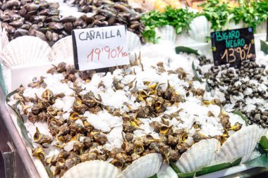 Çeşitli karides, kabuklu deniz ürünleri ve diğer deniz ürünleri piyasada satılan