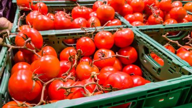 Sayaç süpermarket kutularındaki taze kırmızı domates yalan