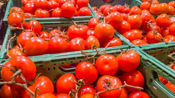 Los Tomates Rojos Frescos Encuentran Cajas Supermercado Del Mostrador —  Fotos de Stock