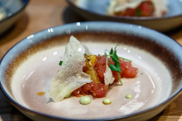 Beef tartare with chips is on a plate — Stock Photo, Image