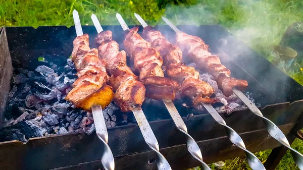 Spiesjes geroosterd op de grill met de kolen op het buitenleven — Stockfoto