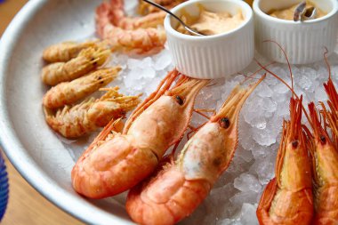 Farklı karides (inek, ayı ve diğerleri), soslu buz üzerinde buz.