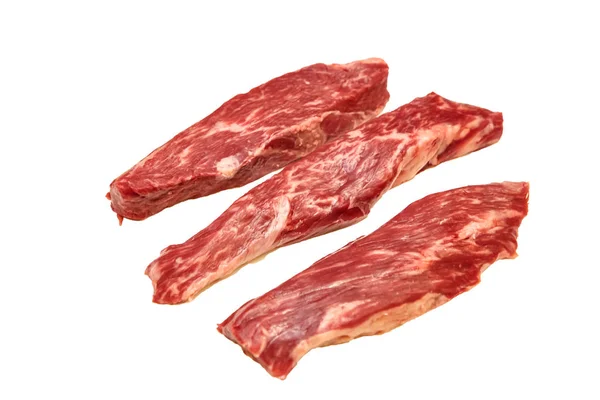 Steak untere Lende Klappenfleisch (bavet) von marmoriertem Rindfleisch auf weißem — Stockfoto