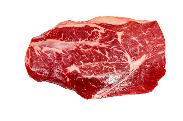 Μπριζόλα πάνω από λεπίδα με κρέας σε λευκό φόντο — Φωτογραφία Αρχείου