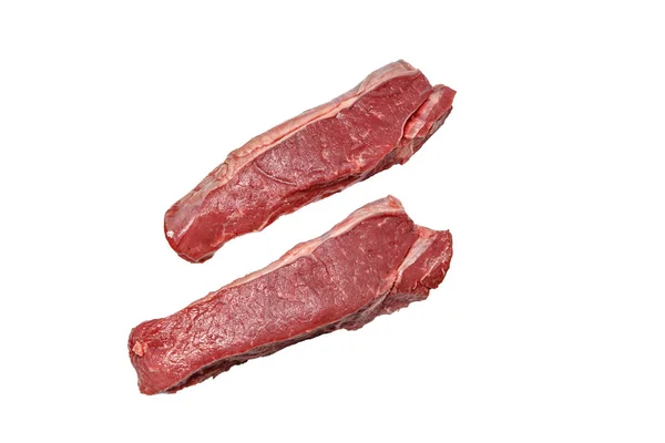 Raw Striploin Steak Marbled Beef Lies White Background Isolated — Stock Photo, Image