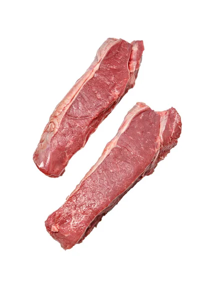 Raw Striploin Steak Boeuf Marbré Repose Sur Fond Blanc Isolé — Photo