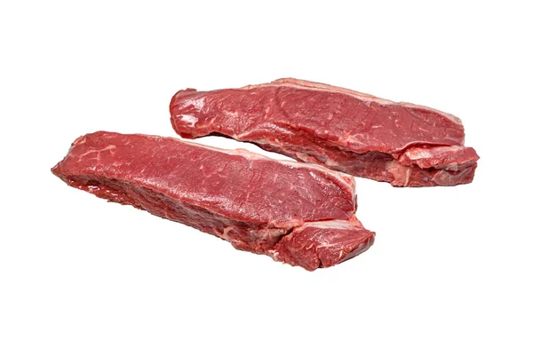 Roh Striploin Steak Von Marmoriertem Rindfleisch Liegt Auf Weißem Hintergrund — Stockfoto