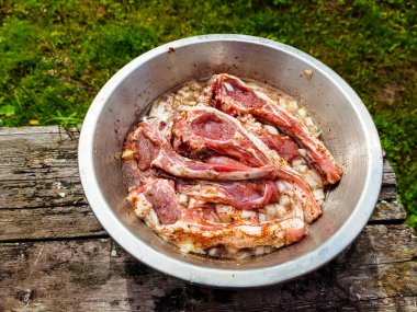 Yaz pikniğinde ızgara yapmak için soğan ve baharatla marine edilmiş kuzu filetosu.