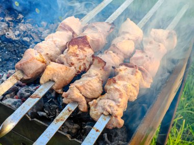  Domuz şiş kebap ızgaradaki kömürlerin üstünde şiş kebap kızartılır.