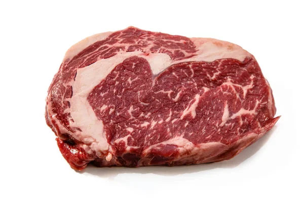 Ribeye Ein Rohes Marmoriertes Rindersteak Sitzt Auf Weißem Hintergrund Mit — Stockfoto