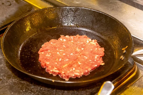 Minced Beef Steak Fried Oil Frying Pan — Stock Photo, Image