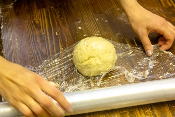 Chef Wraps Dough Plastic Wrap Which Should Lie Minutes Cooking — Stock Photo, Image