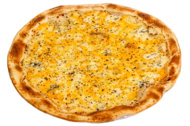 Beyaz arka planda izole edilmiş pizza: peynir, mozzarella, dört peynir, karides