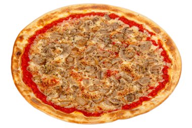 Beyaz arka planda izole edilmiş pizza: peynir, mozzarella, mantar, mantar, fesleğen, biber