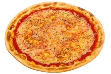 Beyaz arka planda izole edilmiş pizza: peynir, mozzarella, dört peynir, karides