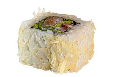 Japon Maki dürümü. Ton balığı talaşı, yılan balığı, Philadelphia, nori, pirinç, marul, acı sos. Menüler için. İzole edilmiş.