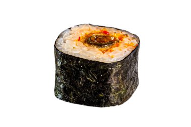 Japon Maki dürümü, hosomaki. Nori, pilav, yılan balığı, acı sos. Menüler için. İzole edilmiş.