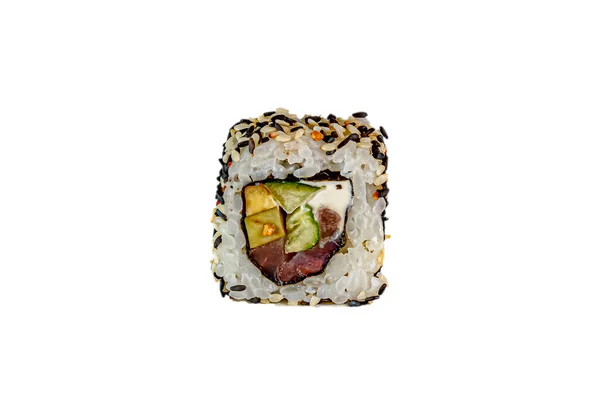 Japońskie Bułeczki Czarno Biały Sezam Ryż Nori Tuńczyk Filadelfia Ogórek — Zdjęcie stockowe