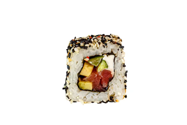 Japońskie Bułeczki Czarno Biały Sezam Ryż Nori Tuńczyk Filadelfia Ogórek — Zdjęcie stockowe