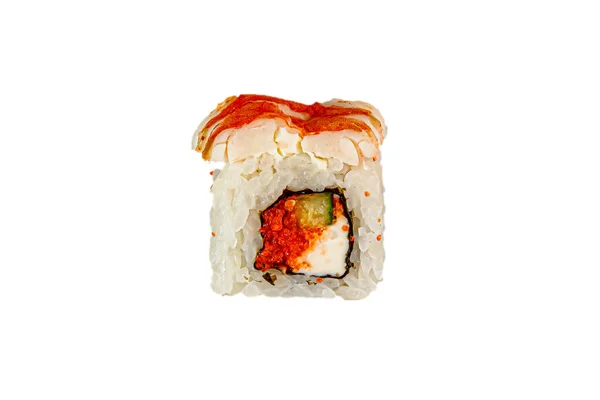 Des Rouleaux Japonais Maki Tobiko Caviar Riz Crevettes Philadelphie Concombre — Photo