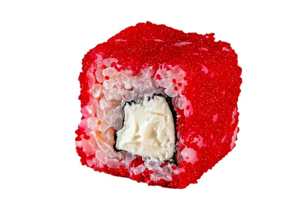 Japán Maki Tekercsek Tobiko Vörös Kaviár Rizs Philadelphia Étlapokhoz Elszigetelt — Stock Fotó