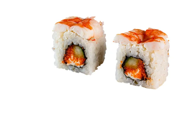 Des Rouleaux Japonais Maki Tobiko Caviar Riz Crevettes Philadelphie Concombre — Photo