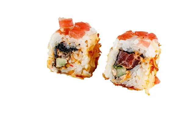 Rotoli Maki Giapponesi Maguro Fiocchi Tonno Riso Tonno Cetriolo Salmone — Foto Stock