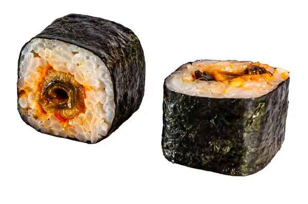 Japon Maki dürümü, hosomaki. Nori, pilav, yılan balığı, acı sos. Menüler için. İzole edilmiş.