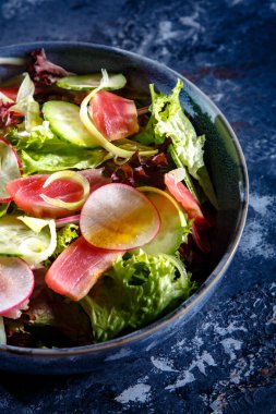 Salata salatası, kızarmış ton balığı, salatalık ve turp tabakta.