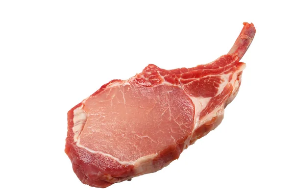 Bife Tomahawk Cru Deitado Sobre Fundo Branco Isolados — Fotografia de Stock