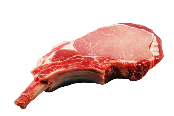 Bistecca Cruda Tomahawk Sdraiata Uno Sfondo Bianco Isolato — Foto Stock