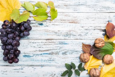 Yaprak ve meyve ile sonbahar kompozisyon. Eski ahşap arka plan üzerinde. Üstten görünüm