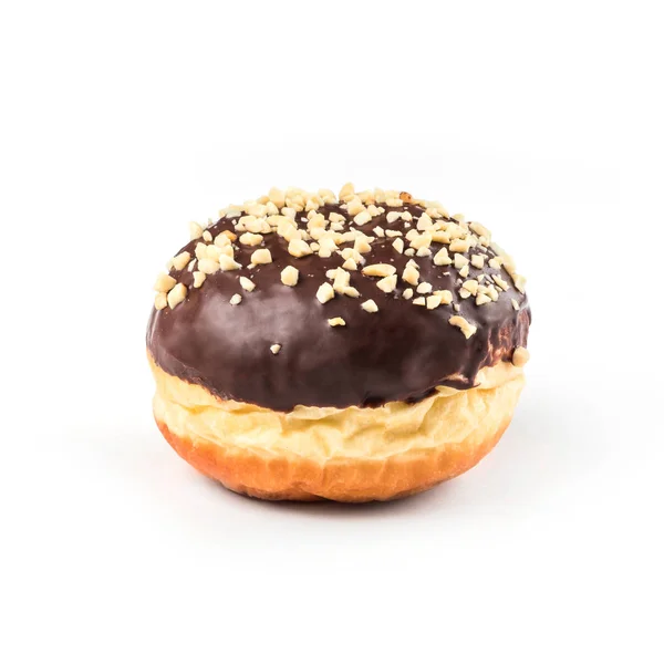 Schokoladenglasierter Donut Draufsicht Über Weißem Hintergrund Isoliert Mit Nüssen — Stockfoto