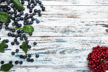 Görünümü, kopya alanı metin için top yaban mersini ve vintage ahşap beyaz zemin üzerine kırmızı kuş üzümü bir demet