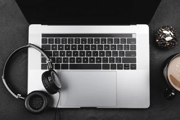 Breakfast for a music fan, modern computer keyboard, top view