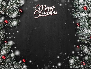 Üst, üst, görüntülemek yukarıdan, herdem yeşil dallar, ağaç Küre ve yazma, tebrik metin için yer ile siyah arka plan üzerinde beyaz Merry Christmas yazıt.